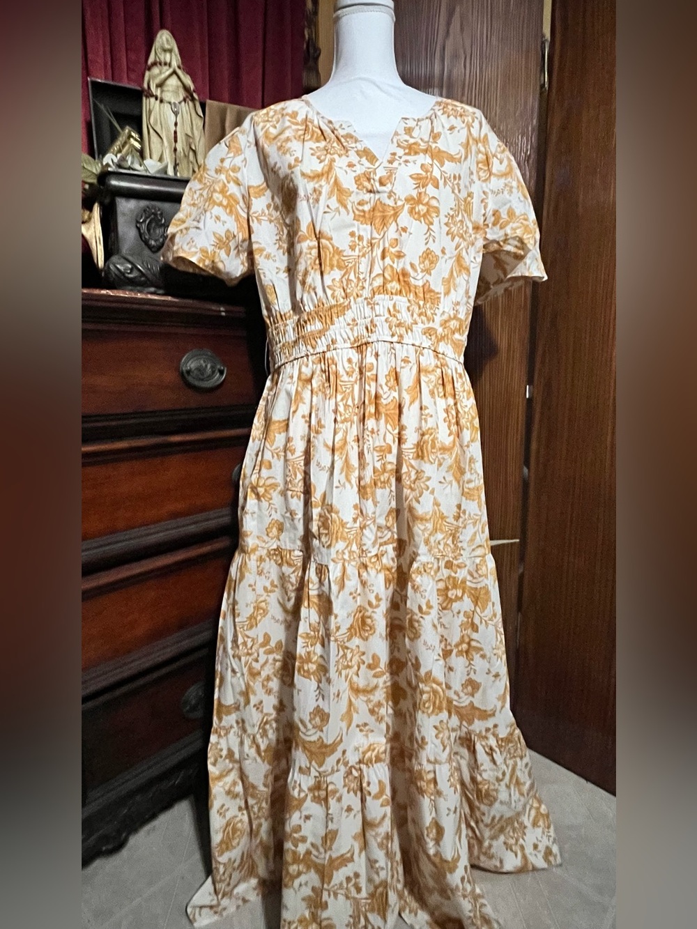 Women’s Cream and Mustard Floral Tiered Maxi Dress with Elastic Waist